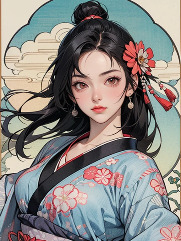 (masterpiece, Highest quality,High resolution, Official Art), (One girl), Bright and vivid color patterns in Japanese clothing、Black hair in a Japanese round topknot,Traditional Japanese patterned fabric, (Dynamic movements),(Shiny skin),  ( Ukiyo-e background,moon,flower,cloud )