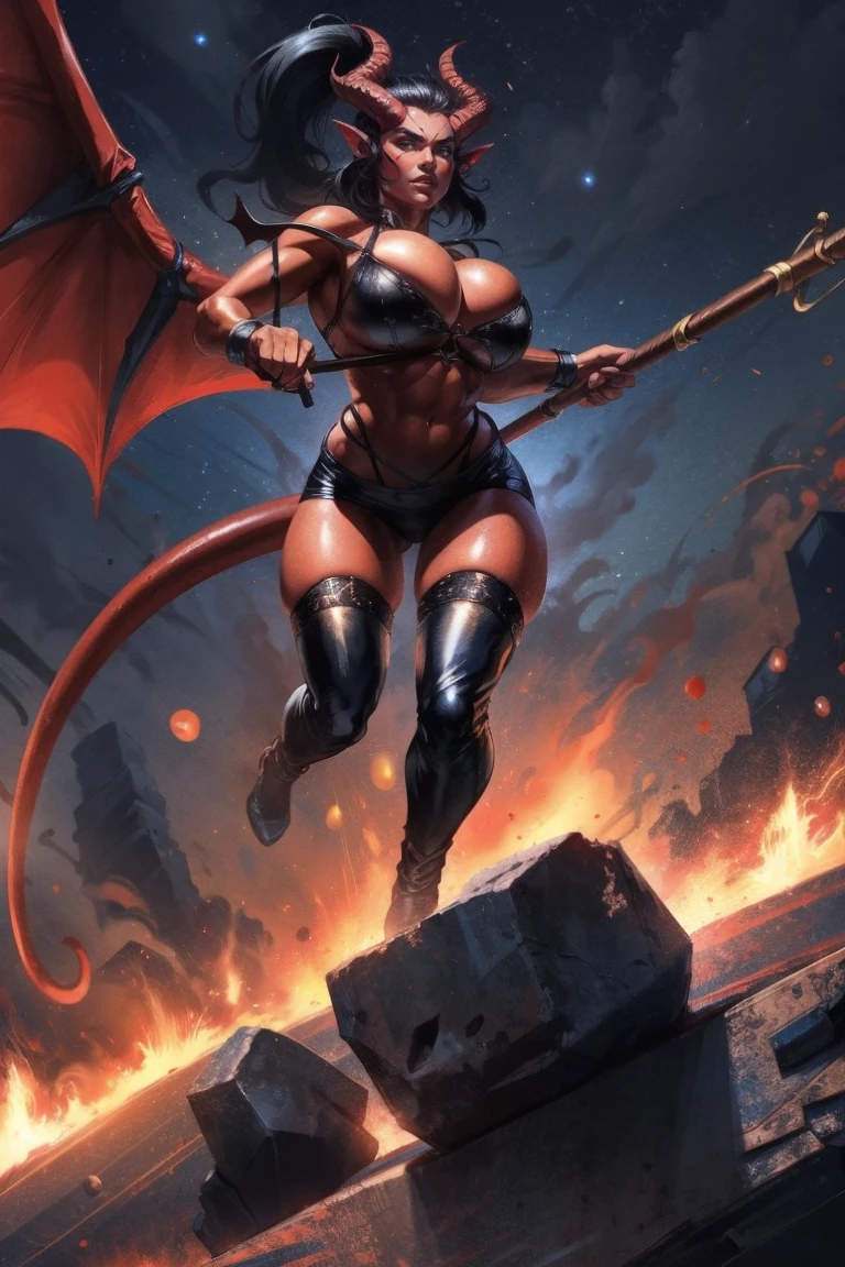 Red skin succubus tiefling, medium breasts, black horns, wings, huge tail, black leather, thong, bikini top, strappy, lacing, tall, toned, graceful, thin, long black ponytail. Action scene, whip. Dark scene, explosions, night sky.