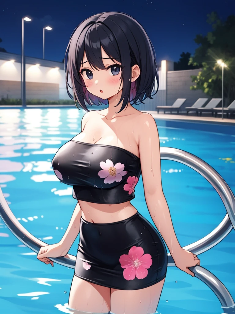 (masterpiece), best quality, (16k), expressive eyes, perfect face, BREAK, office lady, 1 girl, solo, large breast, navel, BREAK, ((pink floral print tube top)), BREAK, ((wet cobalt blue solid pencil mini skirt)), BREAK, bare arms, bare legs, shiny skin, wet body, BREAK, black hair, very short hair, wet hair, black eyes, BREAK, outdoors, in the pool, wading, night sky, standing, sad, :o, (cowboy shot), (from front), BREAK,