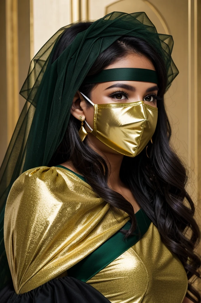 Create a dark green gold 15th birthday invitation featuring the name Diana Cabello, and a mask