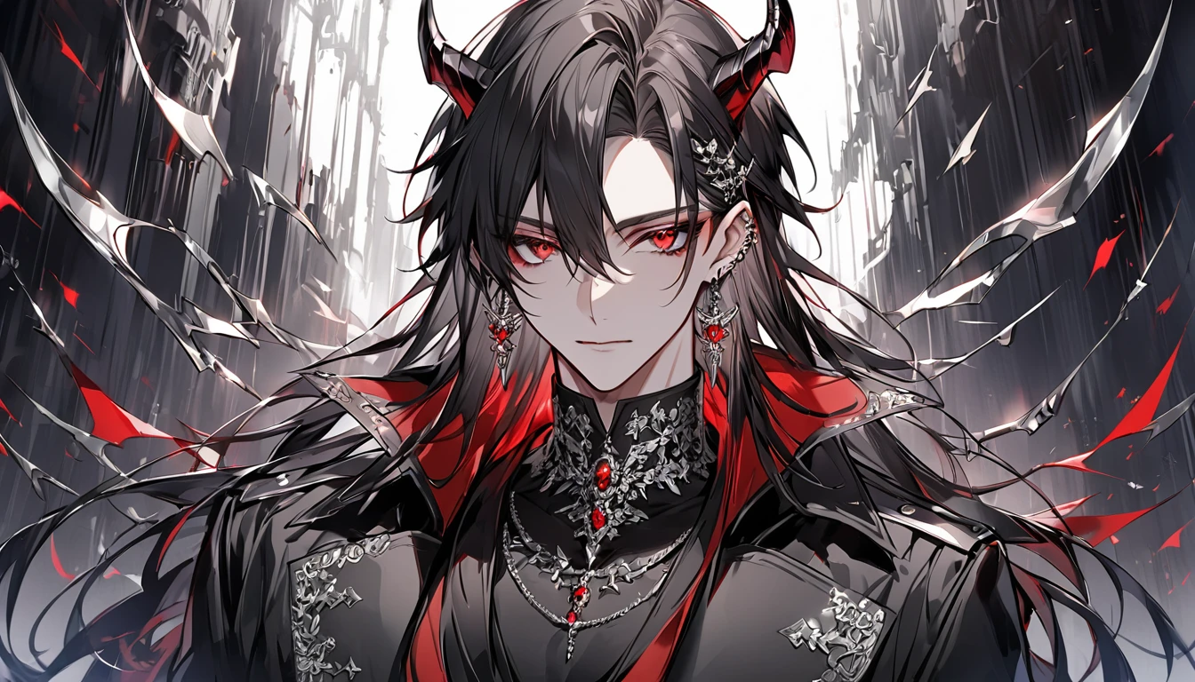 alone, good looking, 1 male, Long hair, Middle parted hair, Black hair, Red eyes, Black shirt, White Thailand, Black Trench Coat, Royal Silver Jewellery, Royal Demon Earrings, Black horns, Front Facing, Vtuber Front Facing Camera