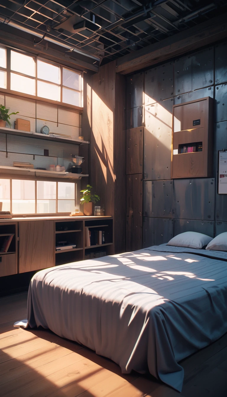 (8K, RAW photos, best quality, masterpiece: 1.4), (((5 square cell))，Ultra-high resolution, Extremely detailed, Dim Lights, Close-up of shelf, High-quality shadows, Natural Lighting, (White highlights:1.2), night, cloudy day, (A one-meter-wide bed:1.2), (Metal walls all around:1.2)