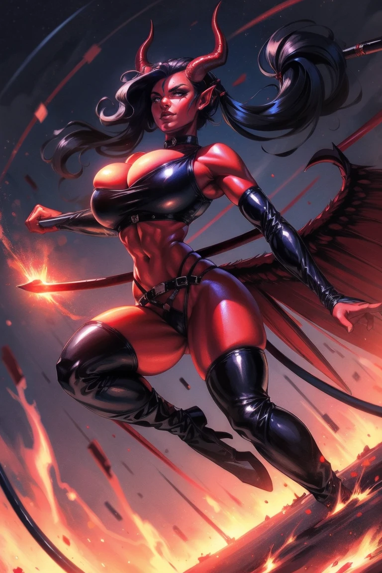 Red skin succubus tiefling, medium breasts, black horns, wings, huge tail, black leather, cleavage, crop top, thong, tall, toned, graceful, thin, long black ponytail. Action scene, whip. Dark scene, explosions, night sky.