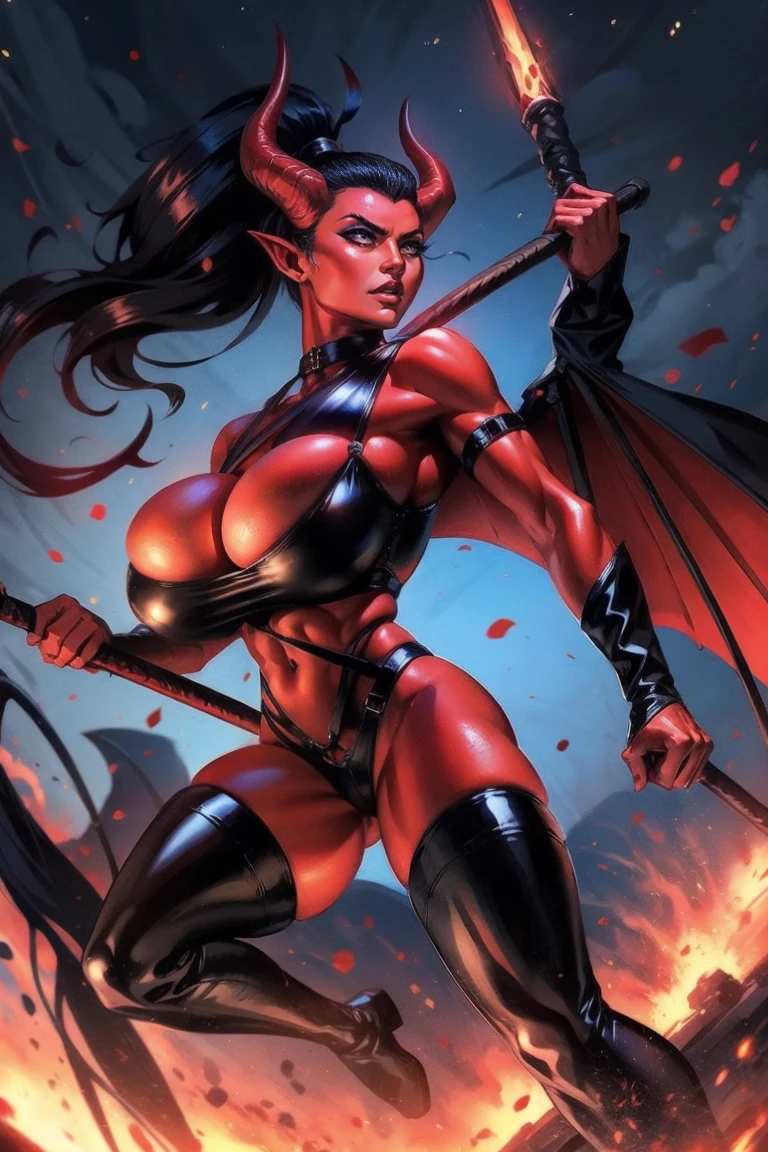 Red skin succubus tiefling, medium breasts, black horns, wings, huge tail, black leather, cleavage, crop top, thong, tall, toned, graceful, thin, long black ponytail. Action scene, whip. Dark scene, explosions, night sky.