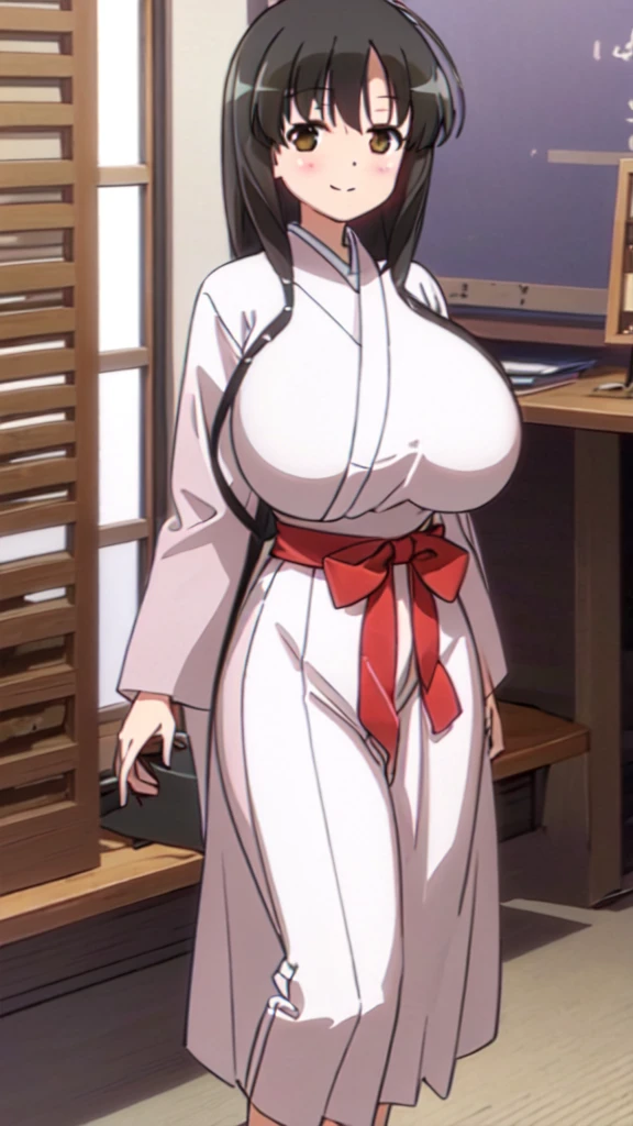 Girl in Priestess Uniform, Kasumi Iwato ,Outfit with open chest, Shoulder-exposing sleeves, Short hakama, smile, looking at viewer, (Huge Breasts:1.4), Inside Japan house, Close-up from the waist up