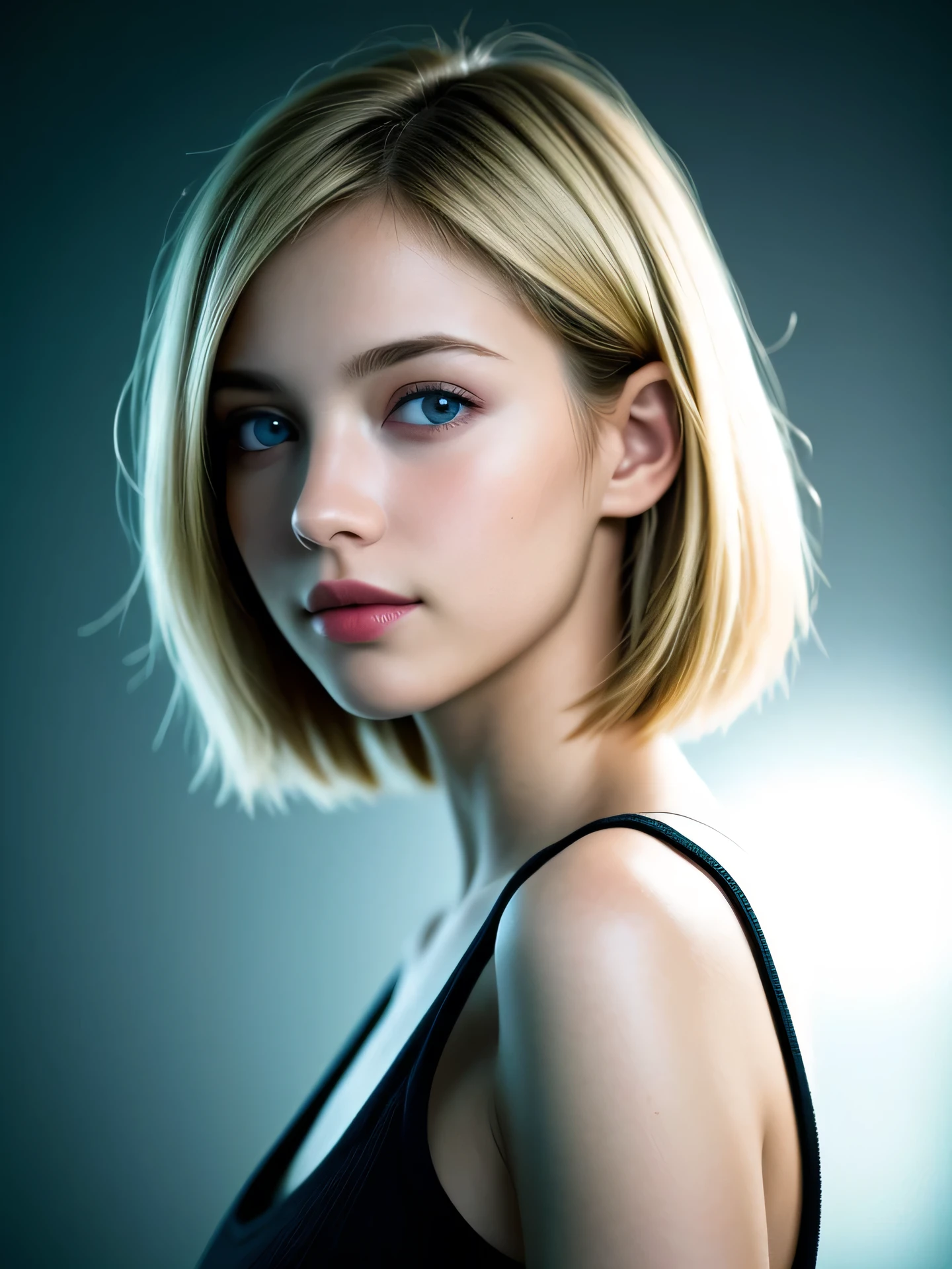 (Photo Real:1.4), (hyper realisitic:1.4), (Smooth lighting:1.05), 1 girl, teenager, blue eyes, happy, shy, smile, (looking away:1.2), Close-up of the face, Soft lighting, Back lighting, (Finest Real Textured Skins), Super fine face, glowy skin, retinas, Anatomically correct, (Blonde short Hair:1.1), bangs, Textured skin, High quality, high details, Best Quality, High resolution, tank top