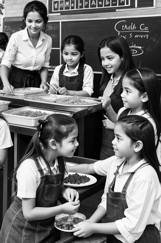photograph of three students giving cookies to two children, each 7 years old