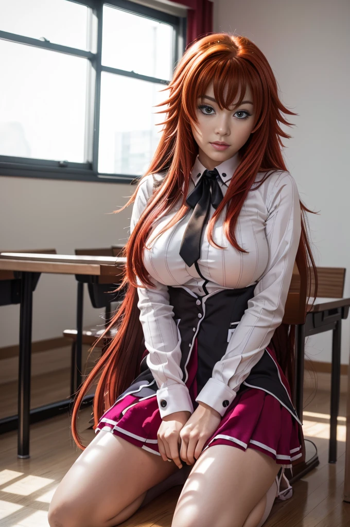 (best quality, masterpiece, colorful, highest detailed), (photorealistic:1.2), raw photo, ((rias gremory)),sexy, big breasts, in classroom,mini skirt, unbottonrd shirt, (vibrant color), (intricate details), (dynamic angle), exposure blend, bokeh, dim light, (hdr:1.4), high contrast, (muted colors, dim colors, soothing tones:1.3), low saturation, morbid