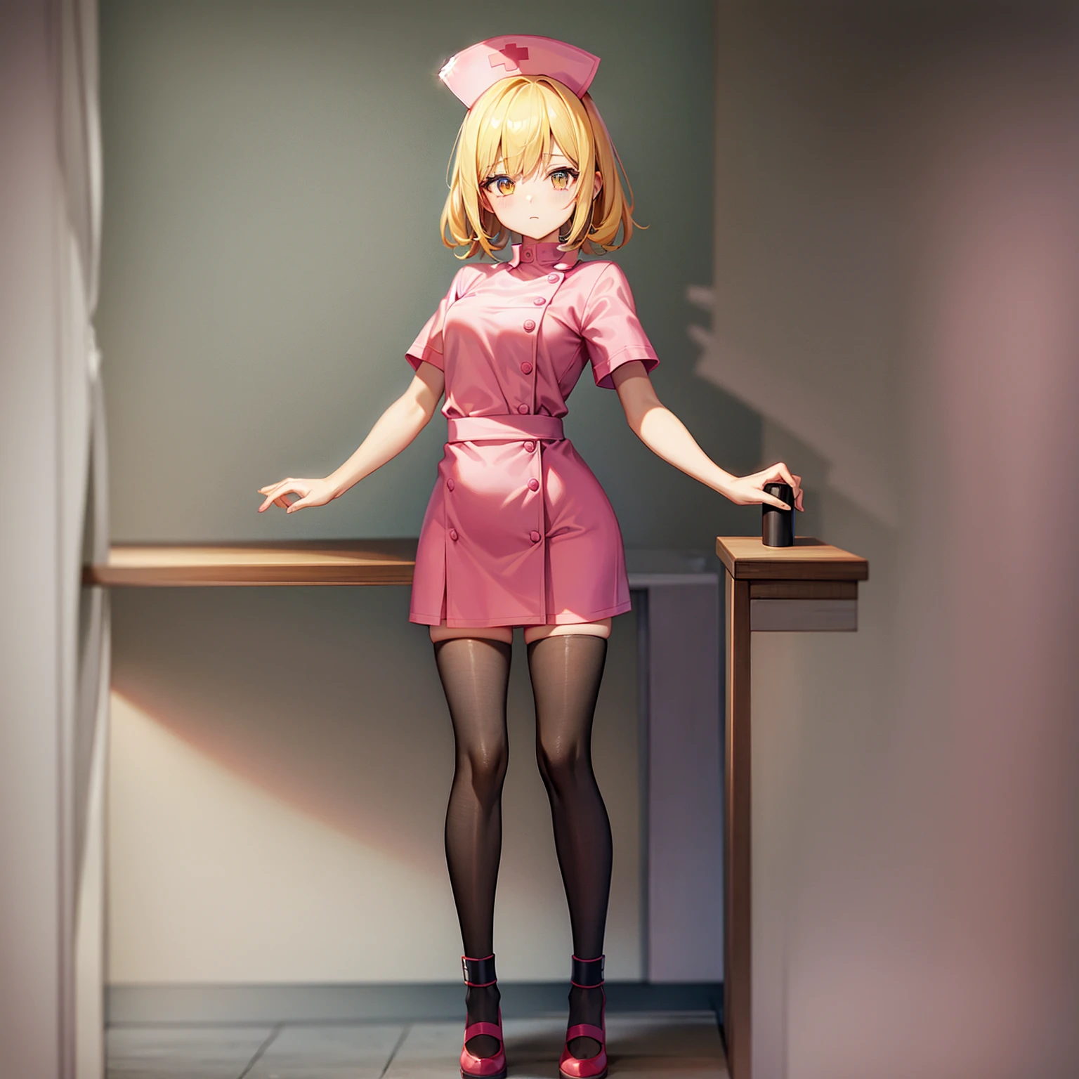 ((nurse)),Pink clothes,Cute little ,Tiny ,Small girl,,Childish face, Very fine clean face,Top quality,Straight Hair,Yellow hair,(Dark Room), Subtle light, Natural light,Soft lighting,Light from directly behind,(Open your hands), (Are standing),Front view,Black background