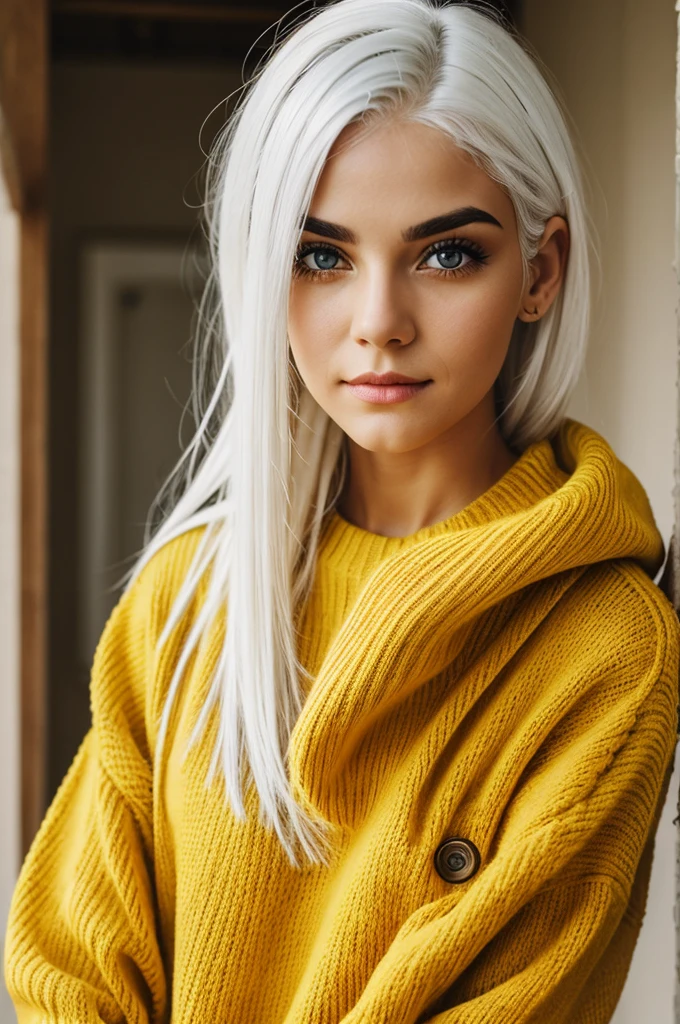 girl with white hair,yellow left eye,right eye red,15 years,Red sweater