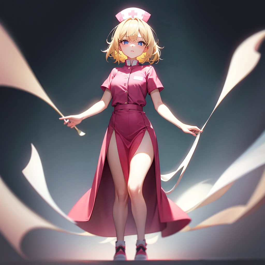 ((nurse)),Pink clothes,Cute ,Tiny ,Small ,Childish face, Very fine clean face,Top quality,Straight Hair,Yellow hair,(Dark Room), Subtle light, Natural light,Soft lighting,Light from directly behind,(Open your hands), (Are standing),Front view,Black background