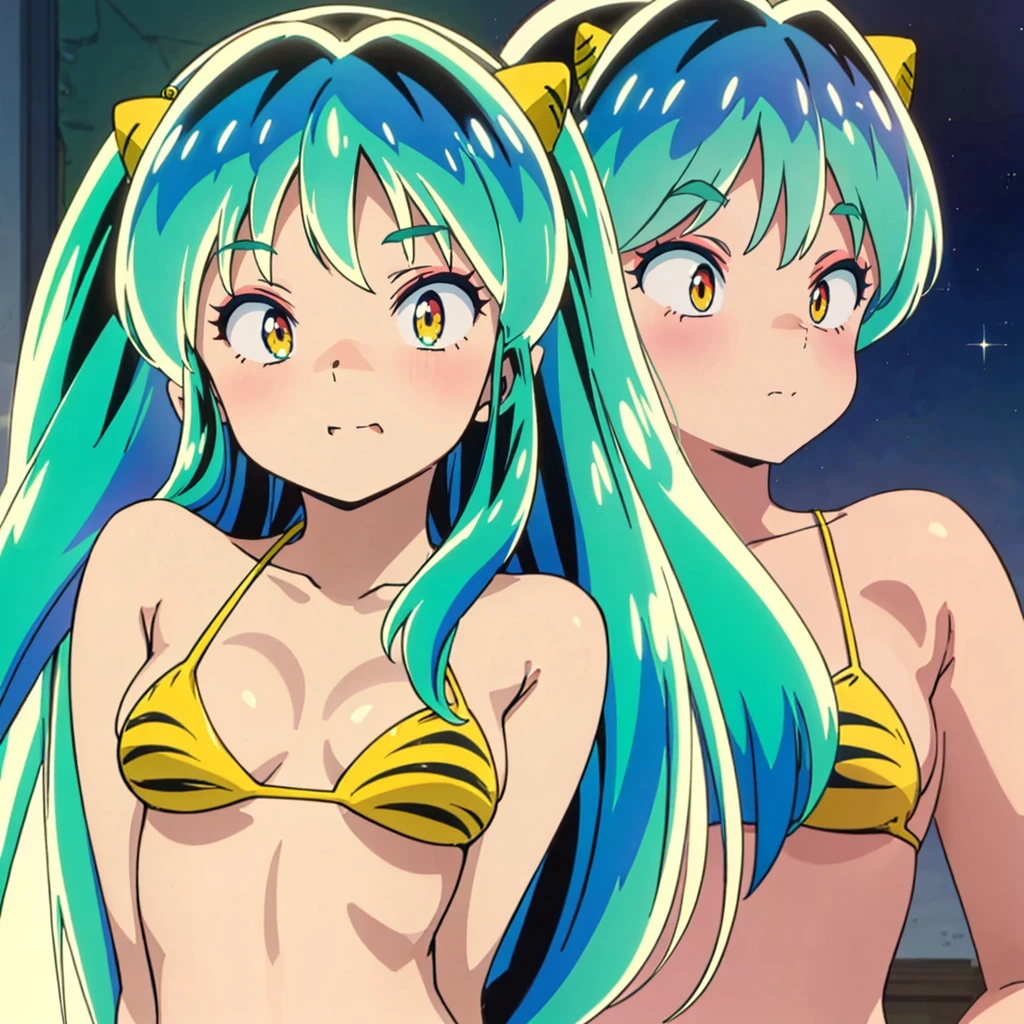 masterpiece, Highest quality, 1 Girl, Lum, Micro Bikini, Charm, 18-year-old, anime, sexy, Close-up of face, Squint your eyes and laugh, Green Hair, High definition, nose blush