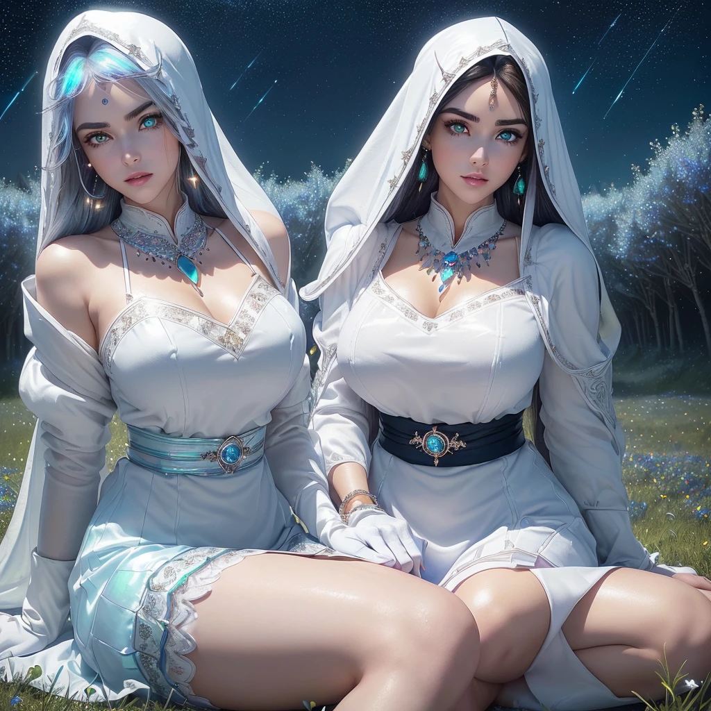 Image ((full body)),realistic 3D anime style,((of a beautiful brunette woman )), wearing a long white hooded cloak (((covering her head up to her forehead ))),((( two long strands of iridescent white hair on each side of her head))),(((detailed face, cymetric))),(((s-shaped eyebrows))),((Beautyfull eyes glowing )),(((One eye blue))) and the (((other eye green))), (((well detailed eyes))),((full lips)),(beautyfull lips), (((body with nice curves))),((( very large breasts))), (((narrow waist))),(((thick thighs) )),((dressed in a long-sleeved blouse, qipao collar)), (((earrings, necklace and bracelets all made of sparkling crystal))),((white gloves with cuff)),((short skirt with sash , decorated with fine intricate details)), ((white ankle boots with lapels and laces, knee length)),(( long stockings up to the middle of the thighs)),(((sitting whit legs together in the middle of a open field, full sorrounded by blue glowing flowers, in a beatyfull night ,whit a sky full of stars))),looking at the camera,((masterpiece)),((high quality)), (( extremely detailed image)), 8k resolution 