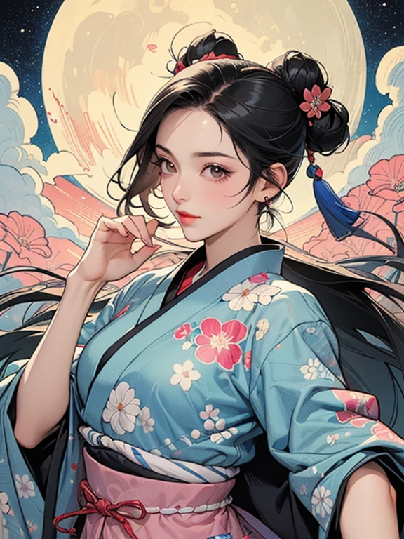 (masterpiece, Highest quality,High resolution, Official Art), (One girl), Bright and vivid color patterns in Japanese clothing、Black hair in a Japanese round topknot,Traditional Japanese patterned fabric, (Dynamic movements),(Shiny skin),  ( Ukiyo-e background,moon,flower,cloud )