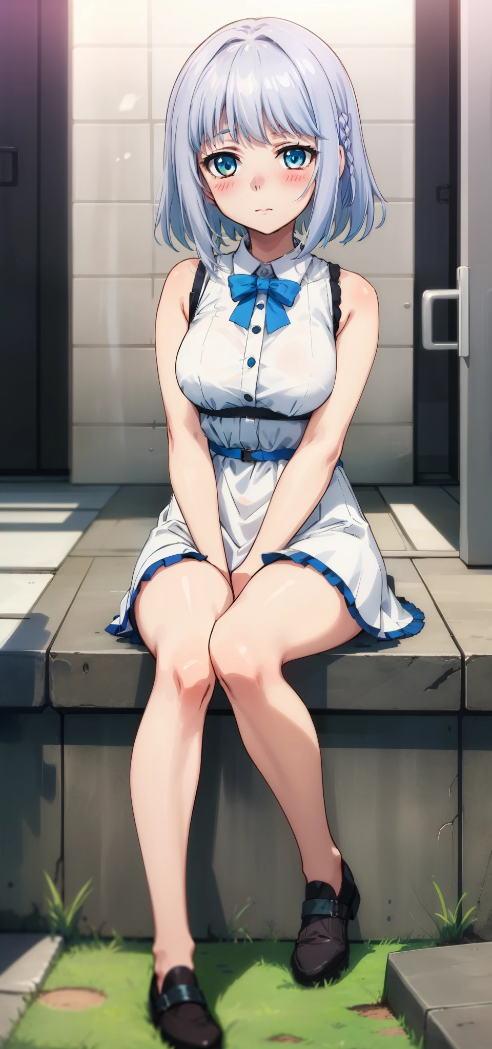 1 girl, kanon kanase,  , blush, medium breasts, sleeveless, dress, sitting, full_body. 