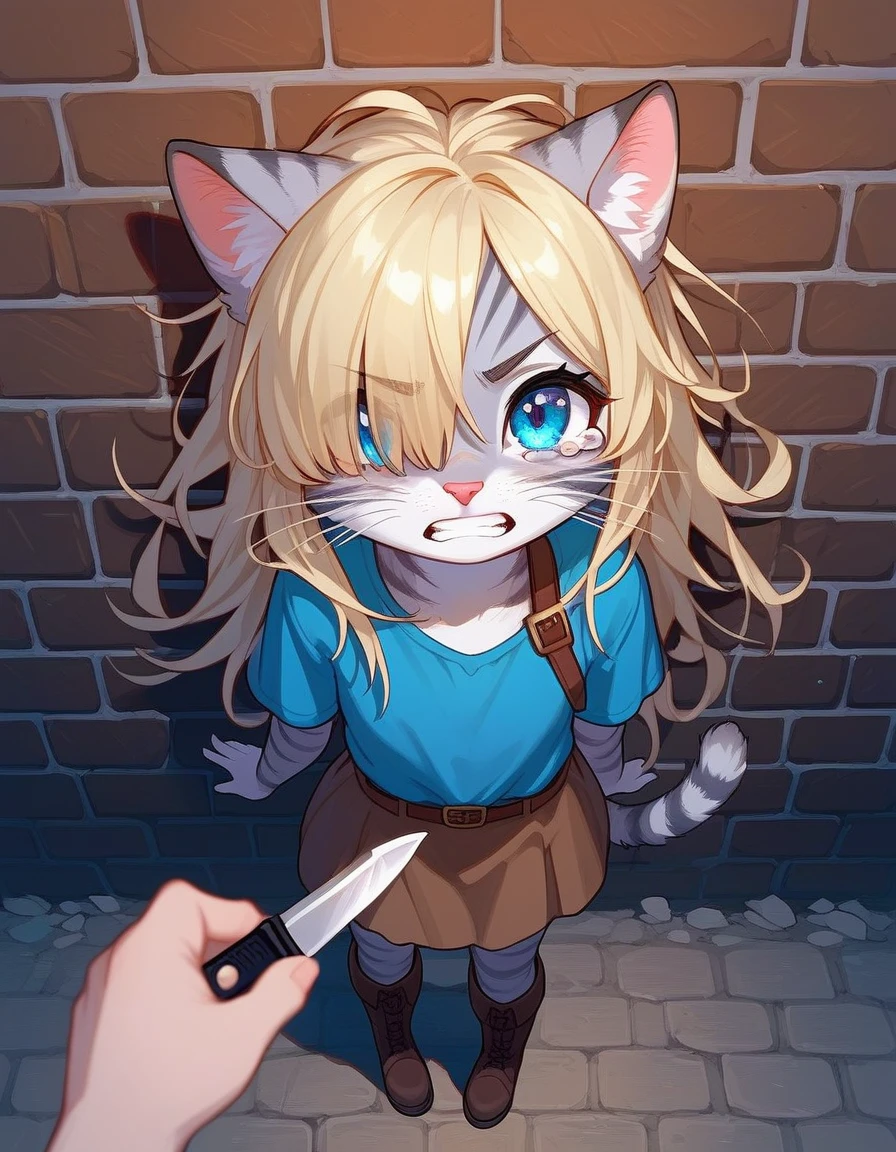 Solo, score_9,score_8_up,score_7_up, source_cartoon, kat, Anthro furry feline, female, short slender body, long blonde hair, long messy hair, hair covering one eye, pink nose, blue eyes, white whiskers, silver fur, grey stripes, furry body, short, young, about , wearing ruffled blue blouse, brown skirt, standing, furrowed eyebrows, clenching teeth, tearing up, pov, looking up, in a destroyed village, night time, full body shot, brown boots, holding a single knife with both hands, back pressed against a broken brick wall, Birds Eye view,