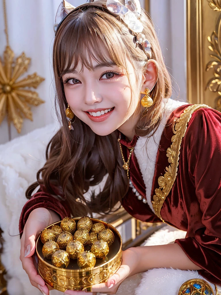 a young woman with a radiant smile, eyes twinkling with delight. She's biting into a glossy, pure white candy ball from an ornate golden jewelry box lined with velvet, girl's comic style