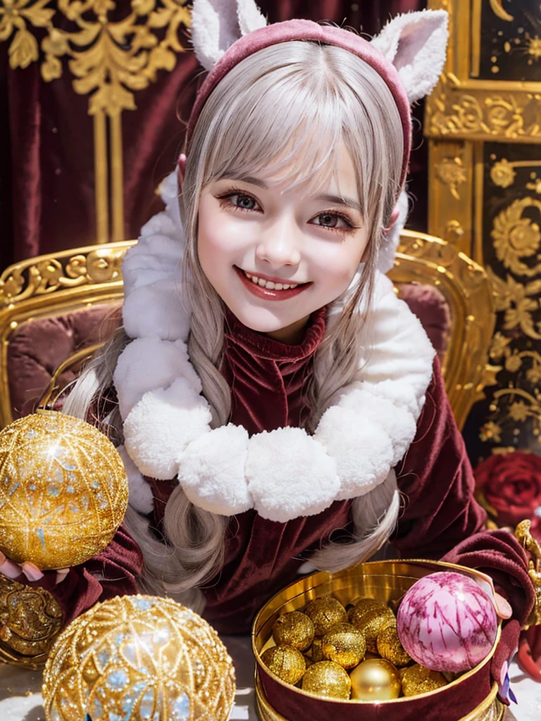 a young woman with a radiant smile, eyes twinkling with delight. She's biting into a glossy, pure white candy ball from an ornate golden jewelry box lined with velvet, girl's comic style