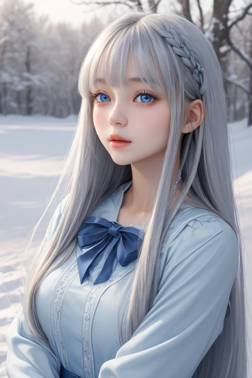 Bright expression、photography realism、best quality、Ultra-high resolution、picture、Very beautiful Nordic girl photos、Lovely and beautiful facial details、Beautiful Bangs、Alice in Wonderland、20 years old、Fair and shiny skin、露出脸部的Bangs、Bangs 、Hair between the eyes、Extra long hair、Charming Bright Natural Silver Extra Long Straight Fine Hair、Make hair smoother、Bright light blue big eyes are bright, beautiful and charming、、Winter clothes、Eyeliner、Double eyelids、Large breasts
