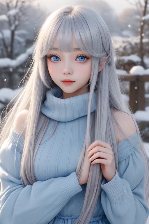 Bright expression、photography realism、best quality、Ultra-high resolution、picture、Very beautiful Nordic girl photos、Lovely and beautiful facial details、Beautiful Bangs、Alice in Wonderland、20 years old、Fair and shiny skin、露出脸部的Bangs、Bangs 、Hair between the eyes、Extra long hair、Charming Bright Natural Silver Extra Long Straight Fine Hair、Make hair smoother、Bright light blue big eyes are bright, beautiful and charming、、Winter clothes、Eyeliner、Double eyelids、Large breasts