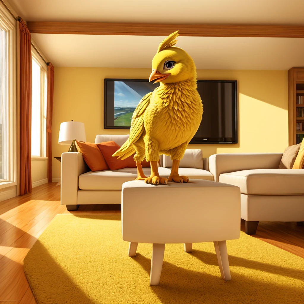 full body shot, a cute yellow chick look curiously, in a living room, day time
