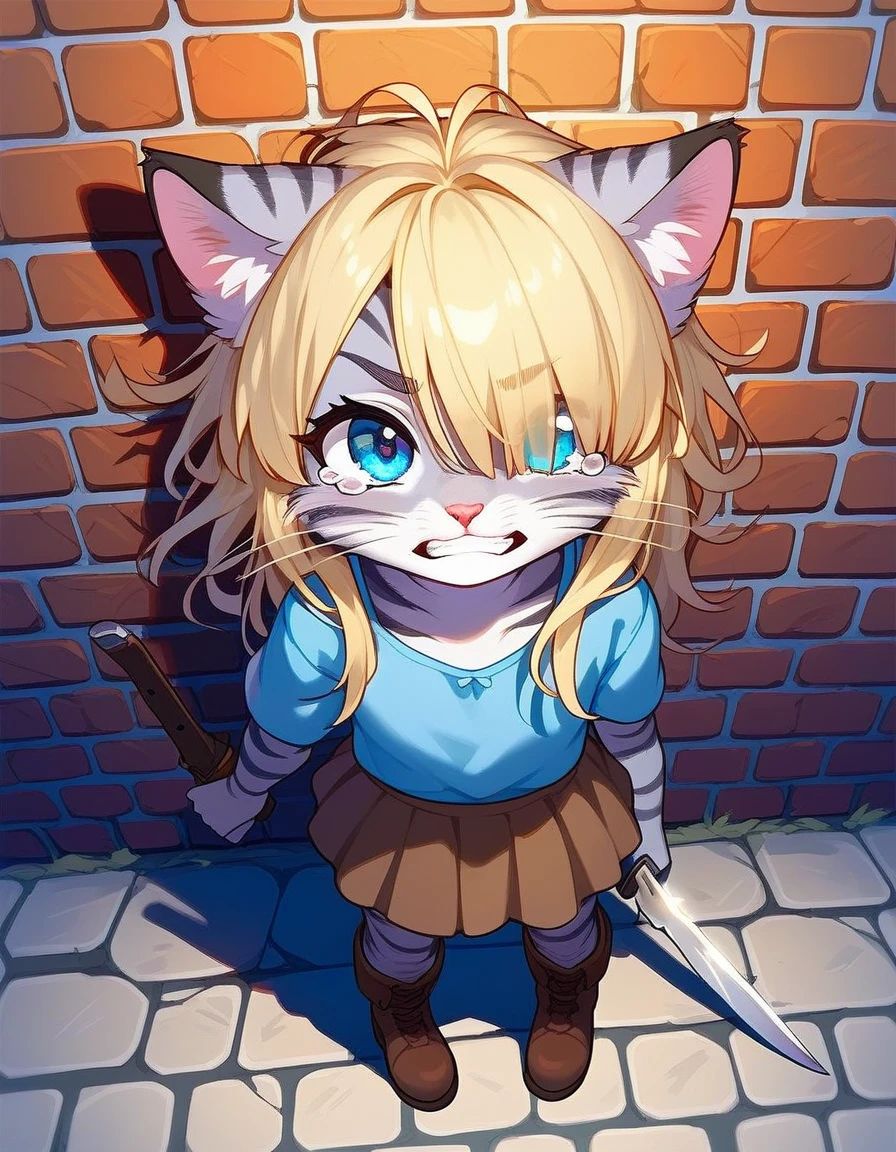 Solo, score_9,score_8_up,score_7_up, source_cartoon, kat, Anthro furry feline, female, short slender body, long blonde hair, long messy hair, hair covering one eye, pink nose, blue eyes, white whiskers, silver fur, grey stripes, furry body, short, young, about 8 years old, wearing ruffled blue blouse, brown skirt, standing, furrowed eyebrows, clenching teeth, tearing up, pov, looking up, in a destroyed village, night time, full body shot, brown boots, holding a single knife with both hands, back pressed against a broken brick wall, Birds Eye view,