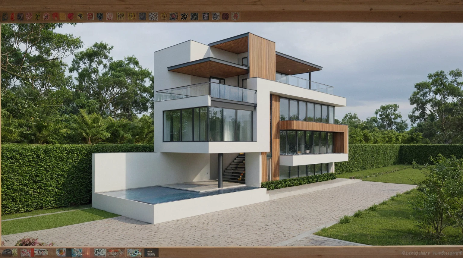 Raw photo,Masterpiece, high quality, best quality, authentic, super detail,
exterior, outdoors, house style modern on the street, glass windows, gate, wooden ceiling,
road,pavement, trees, sky, cloud, (daylight:1.1)