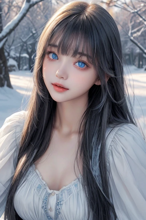 Bright expression、photography realism、best quality、Ultra-high resolution、picture、Very beautiful Nordic girl photos、Lovely and beautiful facial details、Beautiful Bangs、Alice in Wonderland、20 years old、Fair and shiny skin、露出脸部的Bangs、Bangs 、Hair between the eyes、Extra long hair、Charming Bright Natural Silver Extra Long Straight Fine Hair、Make hair smoother、Bright light blue big eyes are bright, beautiful and charming、、Winter clothes、Eyeliner、Double eyelids、Large breasts