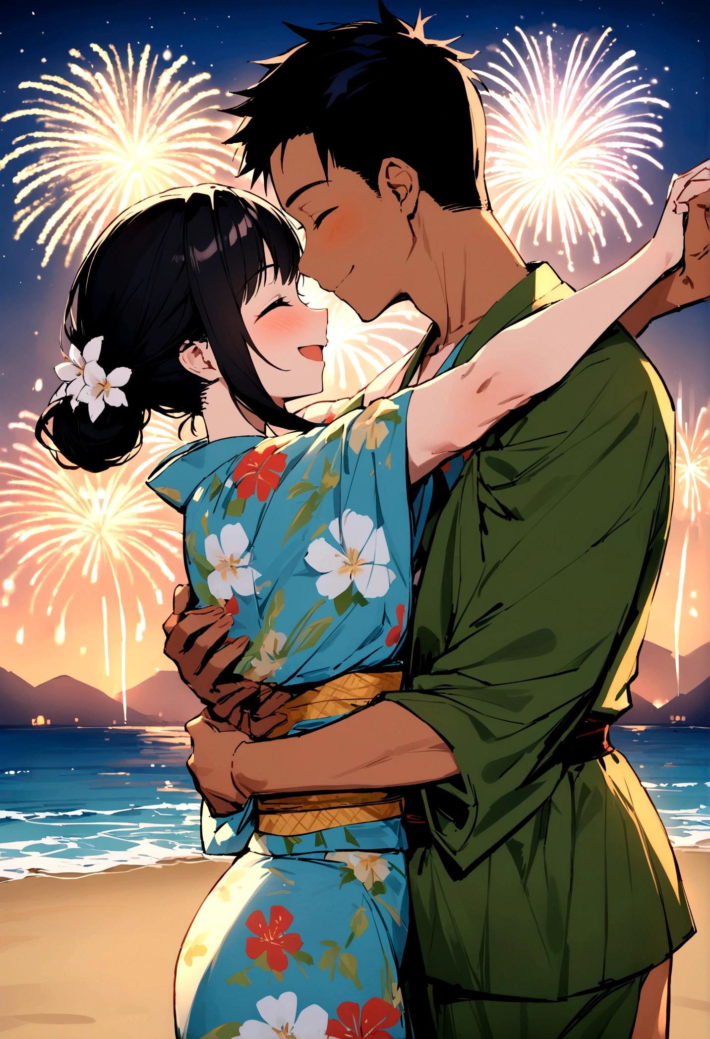 masterpiece, best quality, Summer Kimono,Tanned skin, Flowering, firework, firefly,reed bush, Smile, Dance, Night Sky, Black hair,one person,Beach,
