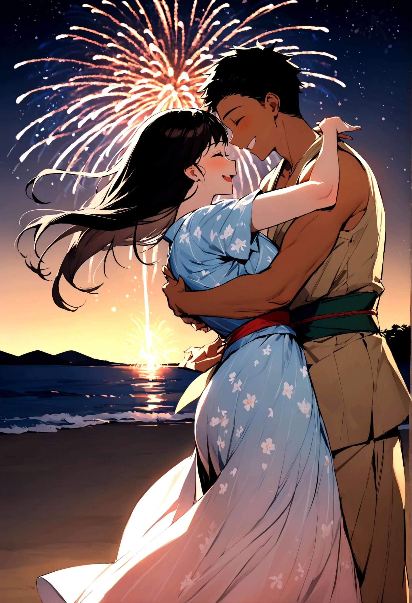 masterpiece, best quality, Summer Kimono,Tanned skin, Flowering, firework, firefly,reed bush, Smile, Dance, Night Sky, Black hair,one person,Beach,