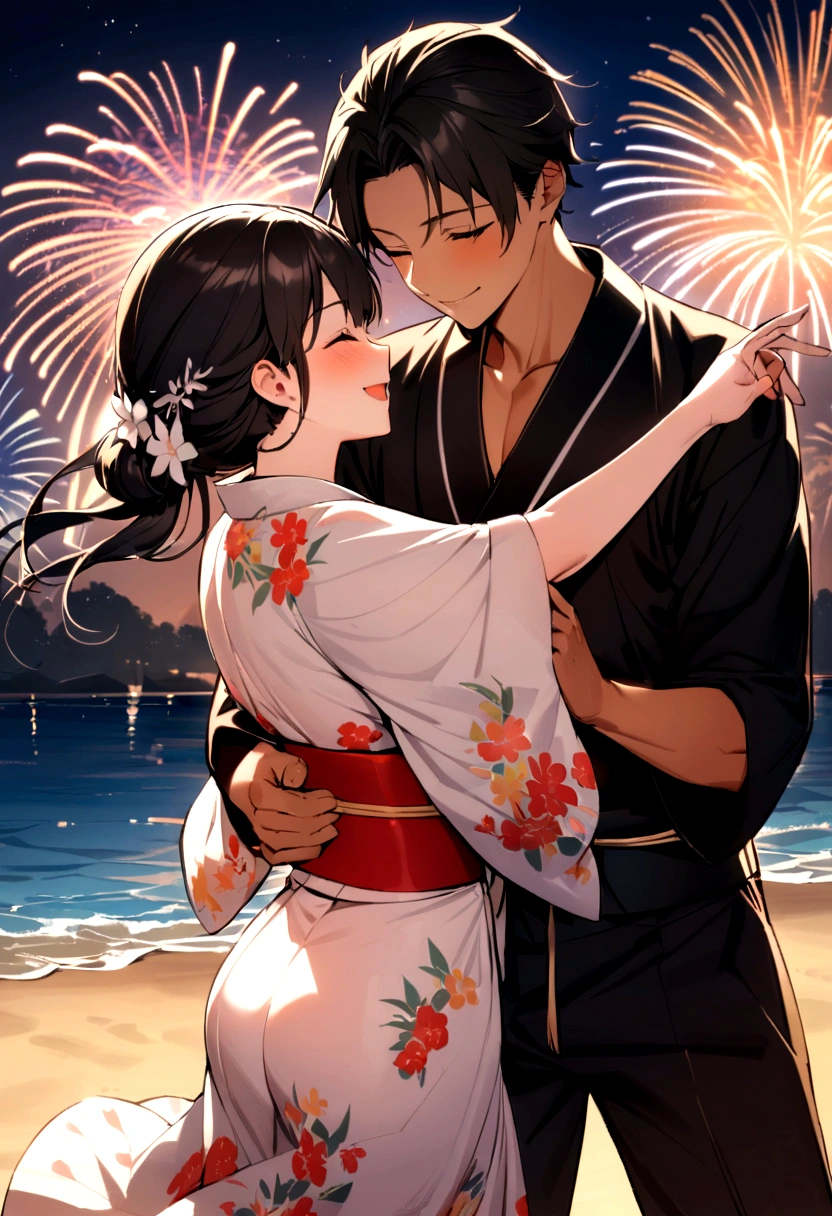 masterpiece, best quality, Summer Kimono,Tanned skin, Flowering, firework, firefly,reed bush, Smile, Dance, Night Sky, Black hair,one person,Beach,