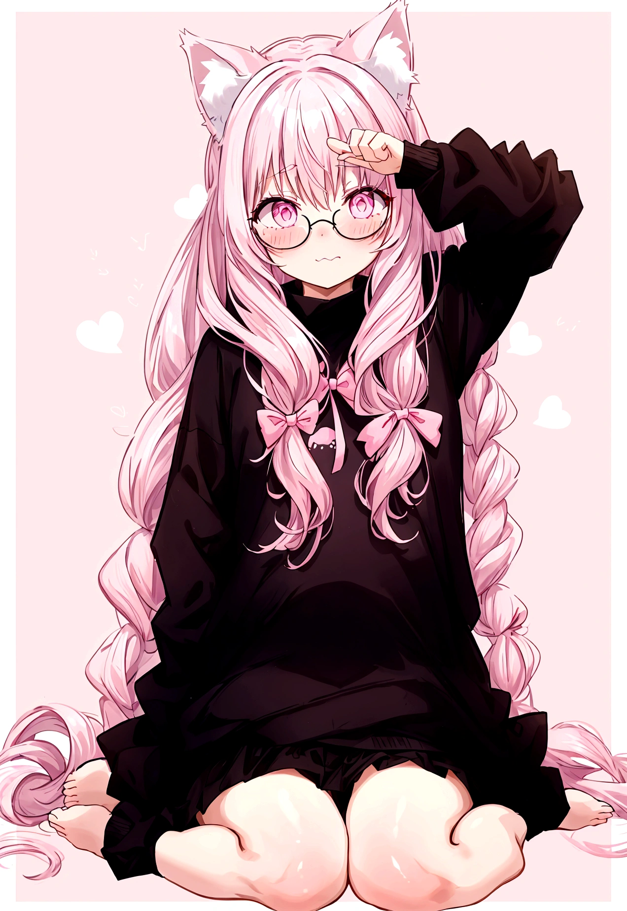 I have white pink hair, cat ears, a bow, my face is super blushing, black glasses, pink heart eyes, a big pink sweatshirt, a black skirt, black stockings, what's up, barefoot, a cat's tail, a girl Very shy