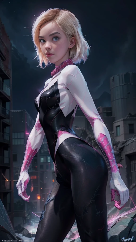 (La Best Quality,A high resolution,ultra-detailed,actual),Spider-gwen standing in a city at night, araña-gwen, araña - gwen, (spider gwen:1.4) , (Gwen Stacy:1.4) ,,(Ruined dungeon ruins background:1.4 ), in the Artgerm Style, Artgerm Style, Artgerm Style, graphic artist artgerm, Betty Cooper, comic germ, en Artgerm Style, as seen on artgerm, Estilo de epic fantasy art HD, 4K fantasy art, epic fantasy digital art style, epic fantasy art style, fantasy woman, epic fantasy art portrait, epic fantasy style, hyperrealistic fantasy art, fantasy art in high definition, Epic fantasy character art., epic fantasy art, in dark fantasy art style, epic fantasy digital art, (perfect anatomy :1.4),( cinematic lighting :1.4), (the uniform lasts white), 8K more detailed.unreal engine:1.4,UHD,La Best Quality:1.4, photorealistic:1.4, skin texture:1.4, Masterpiece:1.8,first job, Best Quality,object object], (detailed facial features:1.3),(beautiful blue eyes),  (cowboy pose), (face detailed Gwen Stacy :1.4),( Gwen Stacy :V2.1), (Five fingers, four fingers and thumb),(NSFW:1.4 ),(NSFW V2.1), (five fingers, Four fingers and thumb),(bright colors), (shiny white tights/shackles:1.4),