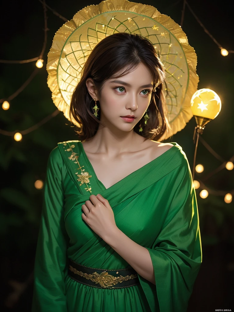 Akihiko Yoshida, female saint, motherly poise, Phantylia, green dress, golden ornaments, glowing green eyes, tanned skin, stars in background, dark cloudless sky, mature woman, dark red brown hair, cotton silk fabric, handfan, soft aura, shapely figure, chance,