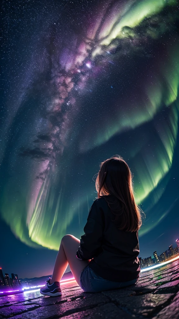 Masterpiece, best quality, 1girl, octane rendering, from distance, vivid color, crisp picture, fisheye lense:0.6, at night, sitting and staring at the sky, from behind, luminous sky, glowing city, cityscape, bright city lights, full of stars, shooting stars, milky way, colorful aurora borealis, silhouette