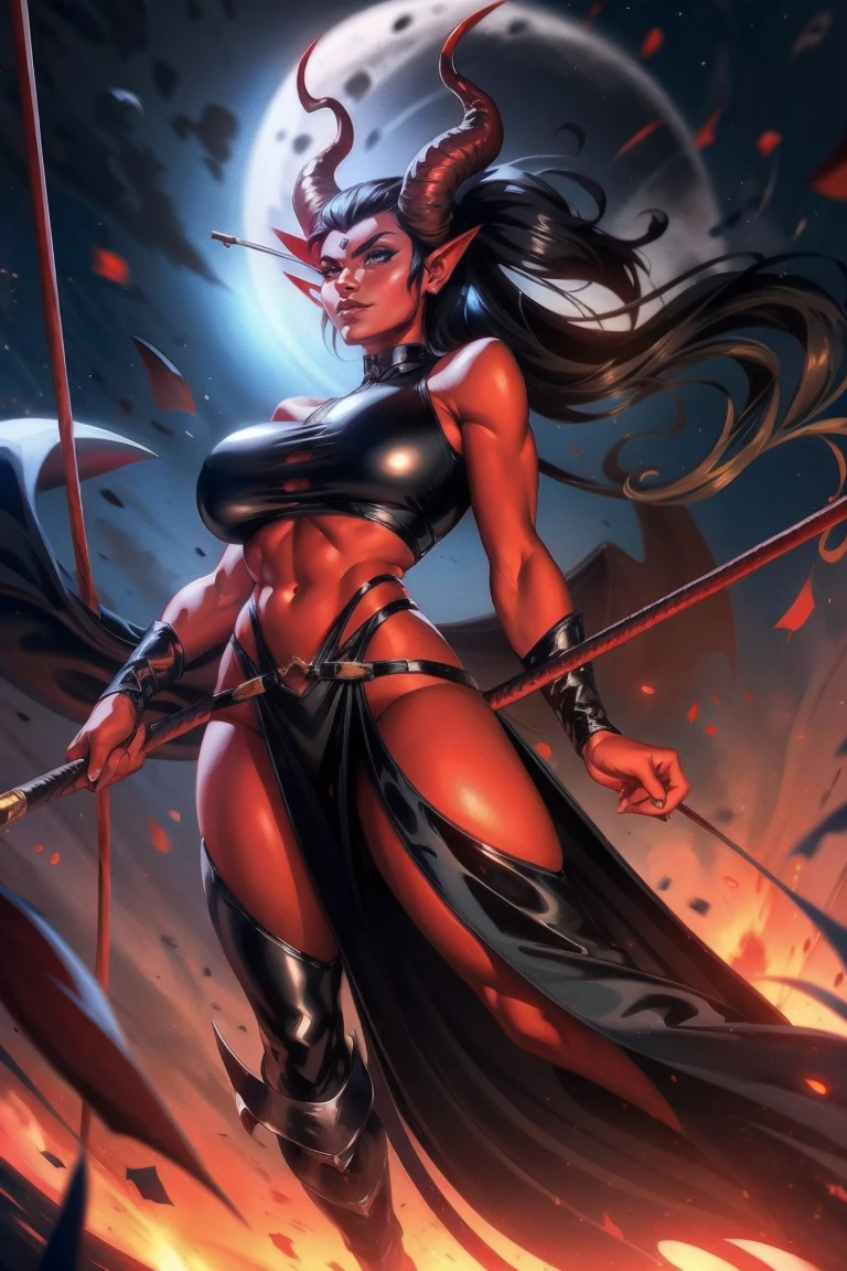 Red skin succubus tiefling, large breasts, black horns, wings, huge tail, black leather, crop top, long flowing pelvic curtain, tall, toned, graceful, thin, long black ponytail. Action scene, whip. Dark scene, explosions, night sky.