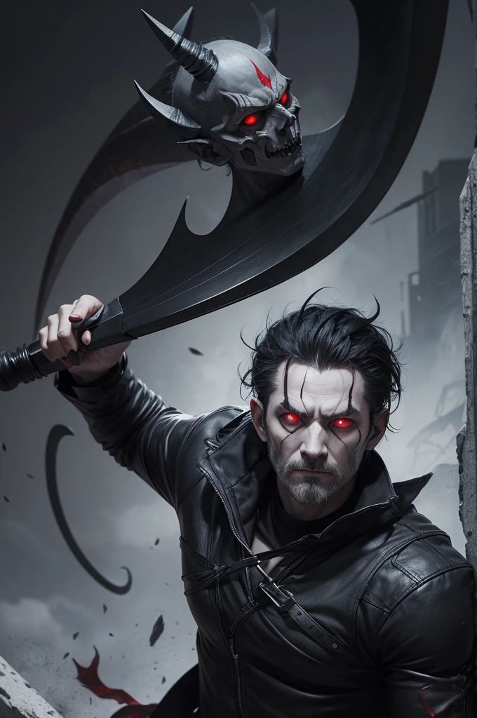 a fictional half-demon man with red eyes and gray skin with gray horns coming out of his forehead and holding a black scythe, short black hair