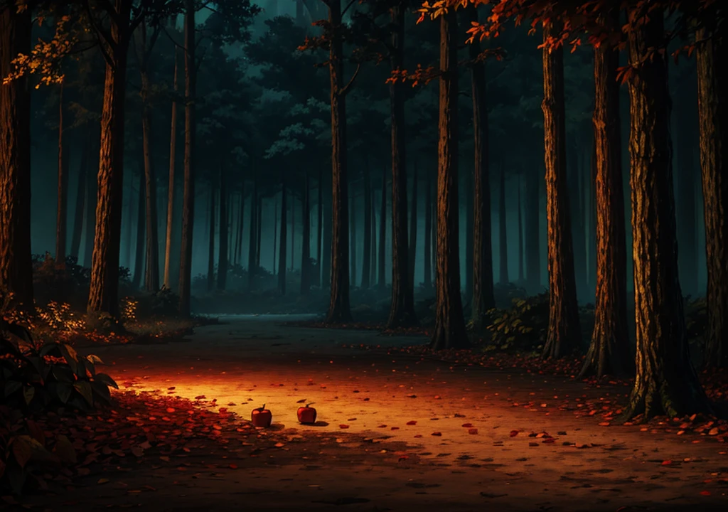forest, autumn, 2D, dark environment, dry leaves, dark night apple, zoom