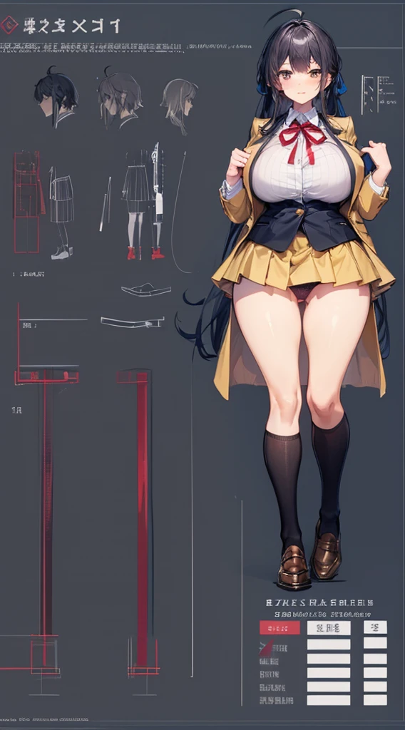 girl, alone, whole body, From head to toe, Are standing, (Huge_chest:1.3),

Character design sheet, Character Reference Sheet, 設計図のSchematic, Drafting, Blueprint, Schematic,
((Character design sheet:1.7, Character Reference Sheet:1.7,)),

anime/cartoon character wearing a girls , 1girl, alone, Thigh-high socks, blazer burezaa (blazer), Ahoge, Long Hair, bow, , shoes, loafers, ribbon, (Very short skirt:1.4), (panties:1.5),, (Good:1.7),In underwear:1.5,nsfw