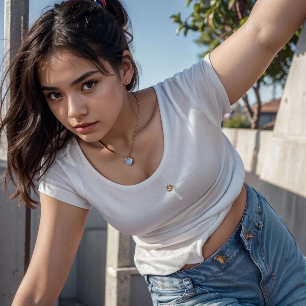 only 1 spanish young girl (best quality, 4k, 8k, highres, masterpiece:1.2), ultra-detailed, (realistic, photorealistic, photo-realistic:1.37), portrait, wearing casual teenage outfit, small chain on neck, black hair, hair band in ponytail, vivid colors, soft lighting, sky and clouds, subtle bokeh, warm color tones, rich girl, red lipstick, earing, round neck style dress, wearing jeans pant, wearing a ring in hand, (low angle, worms eye view)