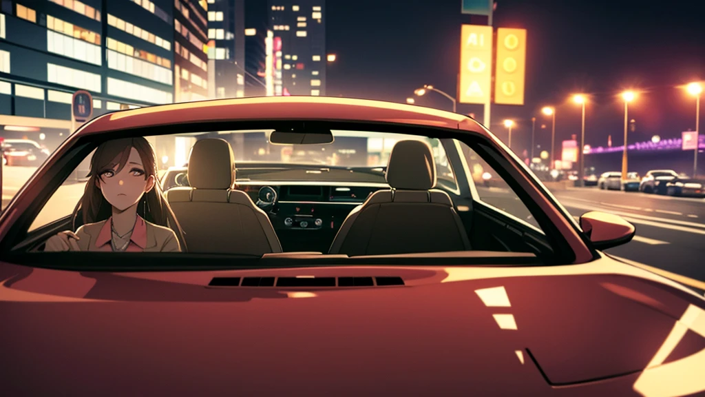 Adult woman driving a car in the city at night, Lofi art style,  Cool vibes, aesthetic, 8K, Cool vibe, Driving around town Focus on the driver，