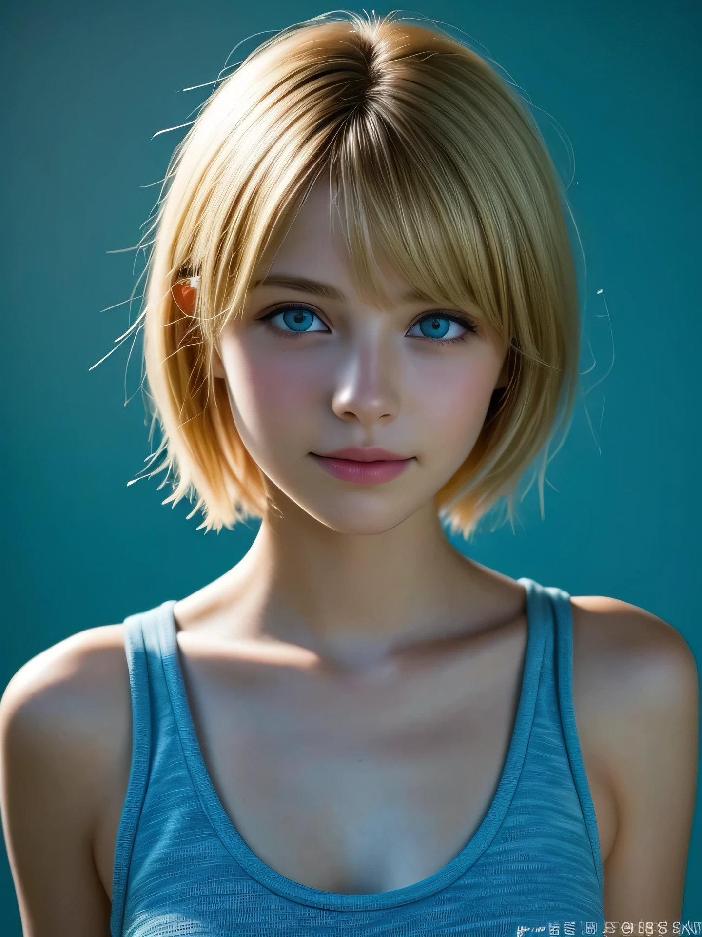 (Photo Real:1.4), (hyper realisitic:1.4), (Smooth lighting:1.05), 1 girl, teenager, blue eyes, happy, shy, smile, (looking away:1.2), Close-up of the face, Soft lighting, Back lighting, (Finest Real Textured Skins), Super fine face, glowy skin, retinas, Anatomically correct, (Blonde short Hair:1.1), bangs, Textured skin, High quality, high details, Best Quality, High resolution, tank top