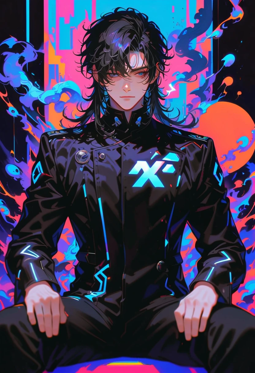 style 9, a man, black eyes, wavy black hair with long mullet cut, bangs, wearing futuristic uniform black military ap with blue sitting smoking