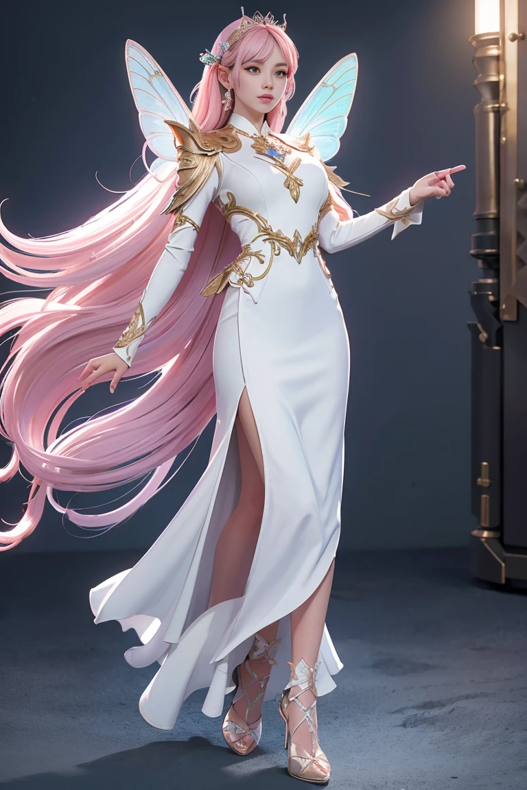 ((Full body photo, standing, feet on the ground)) best quality, (RAW photo:1.2), (masterpiece:1.4), (photorealistic:1.4), (highres:1.4), depth of field, flight attendant, intricately detailed, 8k, extremely detailed, perfect lighting, epic background, solo, super fine photo, ((full body digital art)) Unreal Engine 5 8K UHD of a girl, concept art, character concept design, wearing white long dress with metallic details, butterfly wings, pink long hair, ((fairy girl)), pixie, best quality, masterpiece, super detailed, sharp focus, female pose