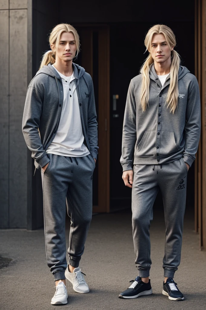 Lawrence has long light blonde hair which is styled in a low and sometimes half-loose ponytail., As well as in some CGs or moments of the route you can see him with his hair down., reaching up to his shoulders.
He wears a volcanic red checkered two-button shirt., a basalt hoodie, blue-gray joggers and what appear to be basalt loafers, apparently in one of their CGs.
He also has two black ring tattoos around each of his forearms., because this makes you feel more separated from your extremities.