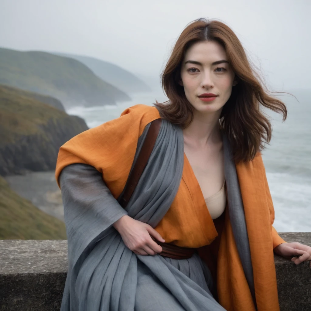 Upper body of a beautiful face Korean girls on ‘cloud sea’ still from the film, ((solo)), (Anne Hathaway look alike face: 0.9), in the style of foggy valley, confidence smile, fighting practice photography, tangerine and fossil grey, burne-jones, photorealistic urban scenes, luminosity of water, Leica SL3, Summicron-SL 75 f/2 ASPH, MyHeart 200 film, bare shoulder, monk cloth, dynamic action pose,