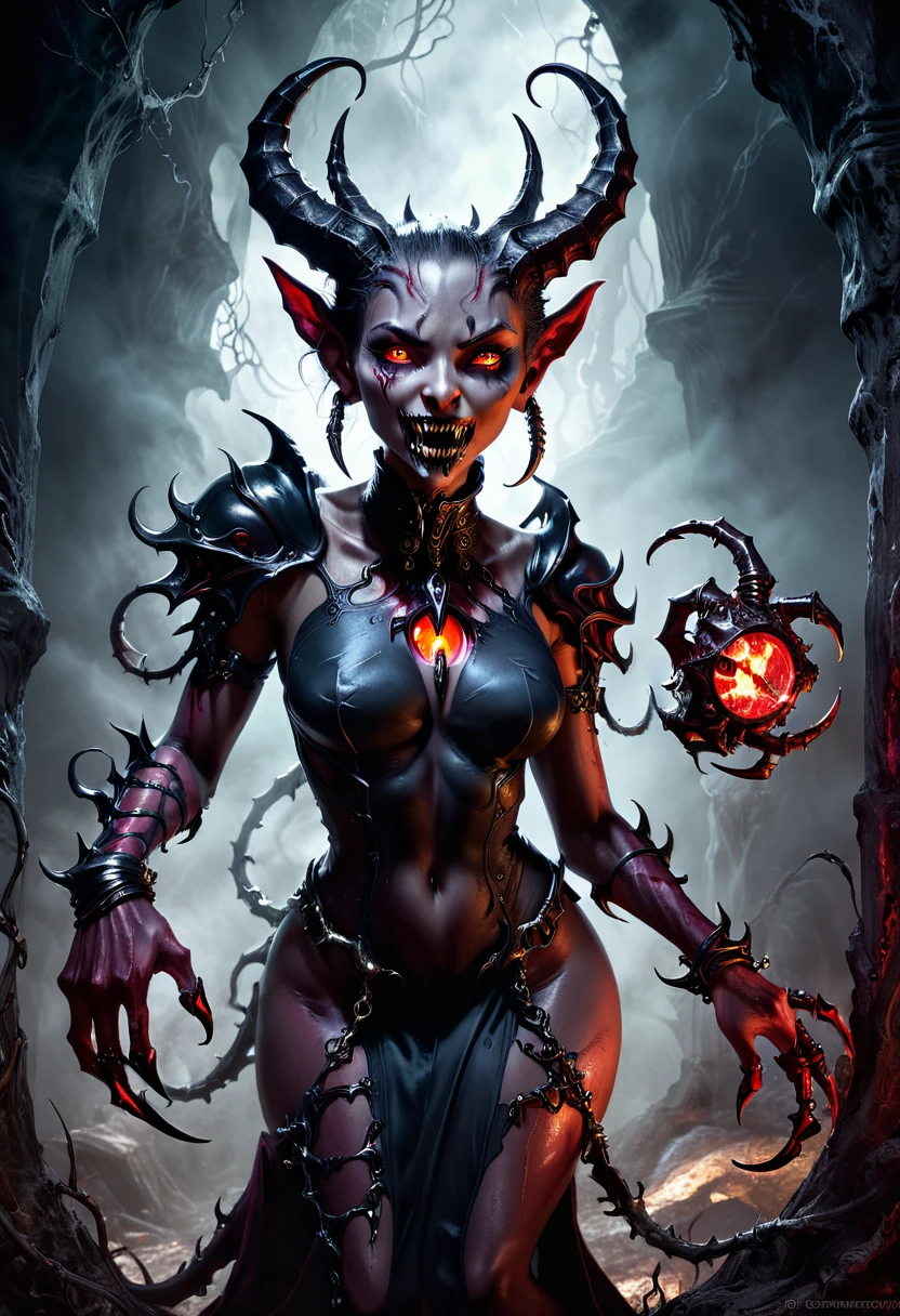 curiosity as a female demonic mutant mage,dark fantasy,horror,highly detailed,digital painting,cinematic lighting,dramatic composition,chiaroscuro,moody atmosphere,strong contrast,glowing eyes,sharp fangs,twisted horns,skeletal features,veiny skin,clawed hands,sinister expression,red and black color scheme,dramatic shadows,cinematic camera angle