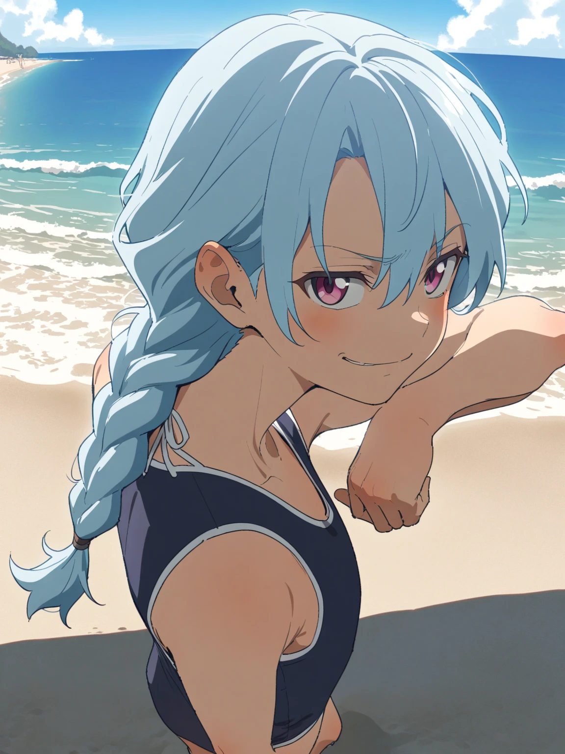 {{Full body body}} {{Artist: sincos}} 1boy, mature male, light blue hair, long hair, braided hair, pink eyes, eyes half-lidded, androgynous, navy blue swimsuit, outdoors, beach, standing, turned away, looking over shoulder, smirk, pov