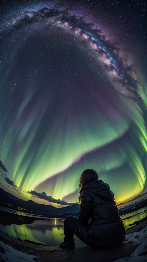 Masterpiece, best quality, 1girl, octane rendering, from distance:2, vivid color, crisp picture, fisheye lense:0.6, at night, sitting and staring at the sky, from behind, luminous sky, glowing city, cityscape, bright city lights, full of stars, shooting stars, milky way, colorful aurora borealis, silhouette 
