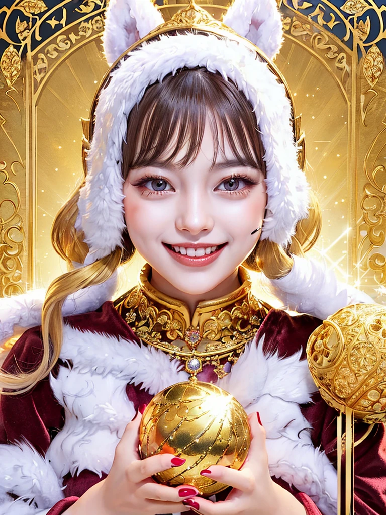 a woman with a radiant smile, eyes twinkling with delight. She's biting into a glossy, pure white candy ball from an ornate golden jewelry box lined with velvet, girl's comic style illustration